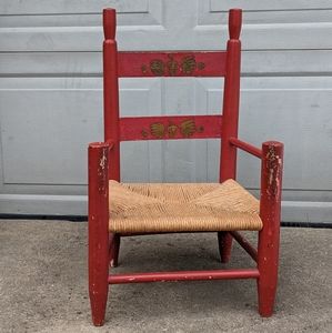 VINTAGE Children's Mexican Chair Red Hand Painted with Woven Seat